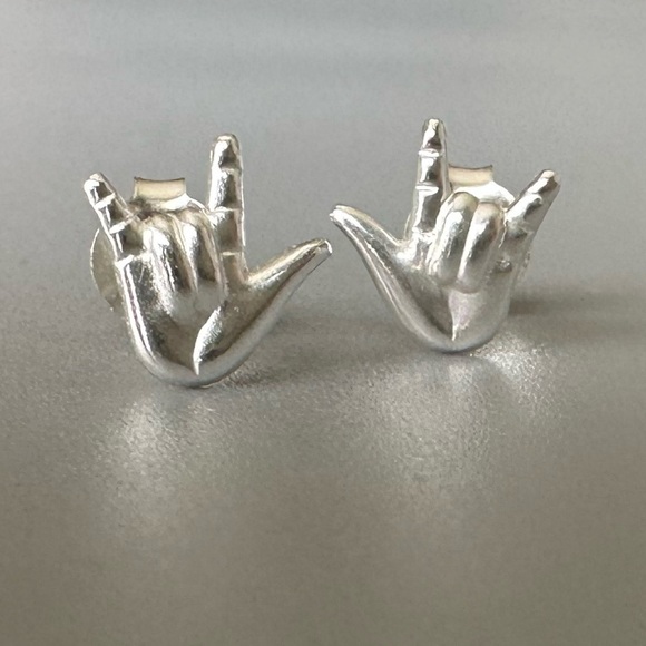 Sterling Silver I Love You ASL Sign Simple Stud Earrings - Picture 13 of 14